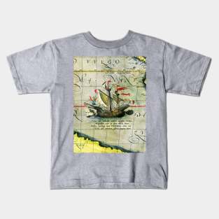 Magellans ship Victoria, Antique Map Pacific Ocean 1589 Kids T-Shirt